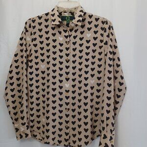 C.WONDER 100% SILK HEART PRINT BUTTON UP SHIRT  BLOUSE